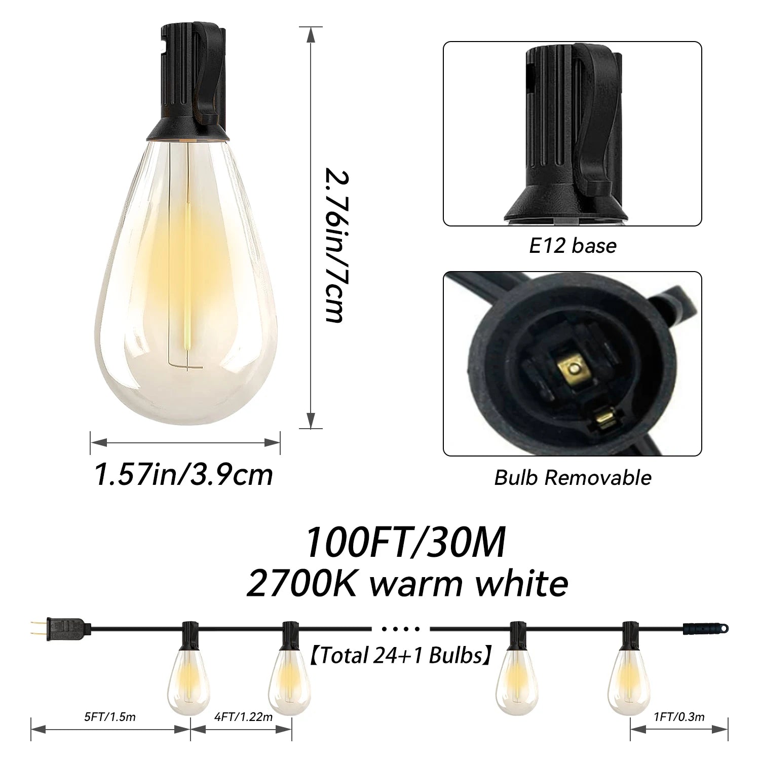 S14 Outdoor String Lights Dimmable 2700K Waterproof With Bulbs Connectable