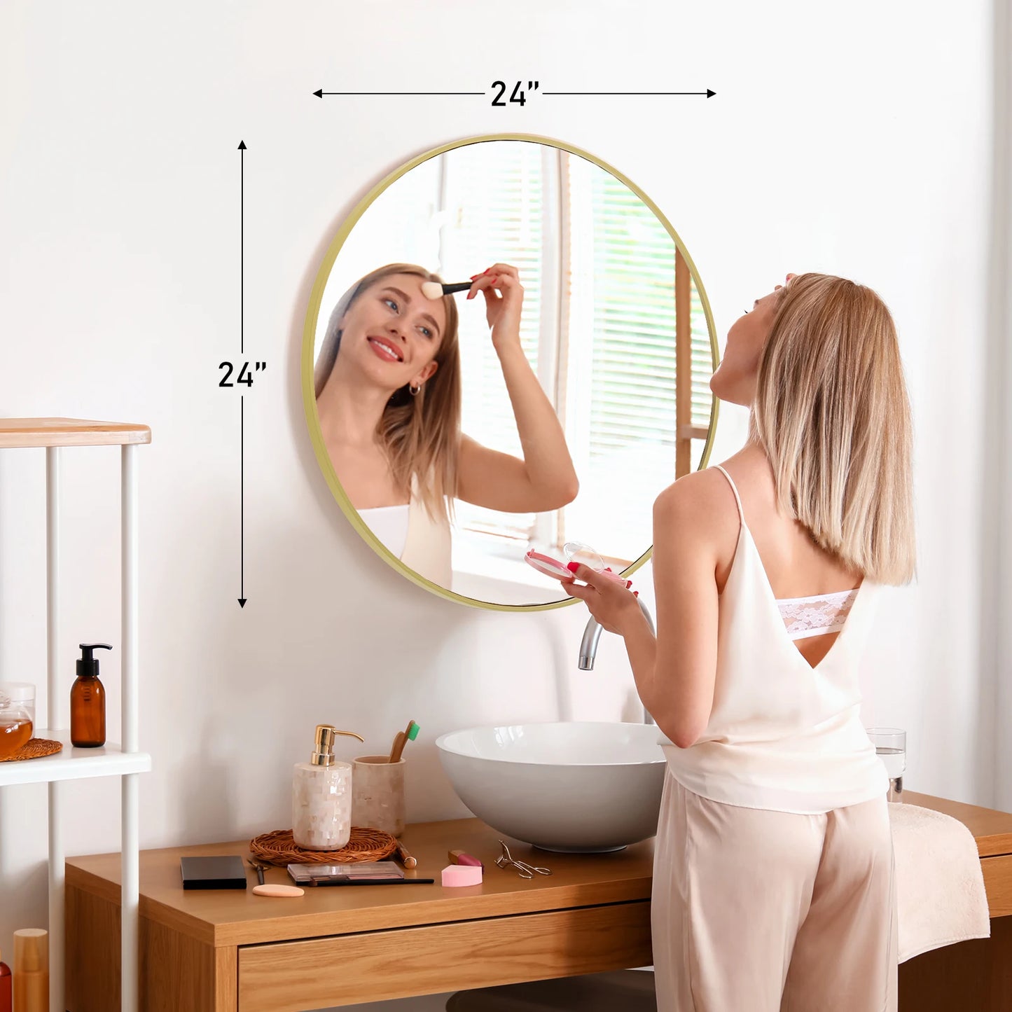 JHK 30 Inch Large Gold Round Vanity Framed Mirror for Wall Matte Metal Framed Modern Mirror Tempered Glass Bedroom Living Room