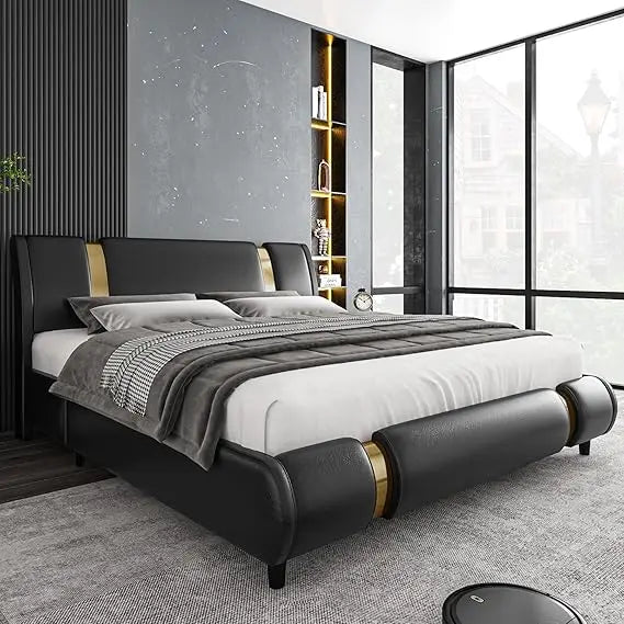 YANYING Modern Faux Leather Platform Bed Frame Golden Metal
