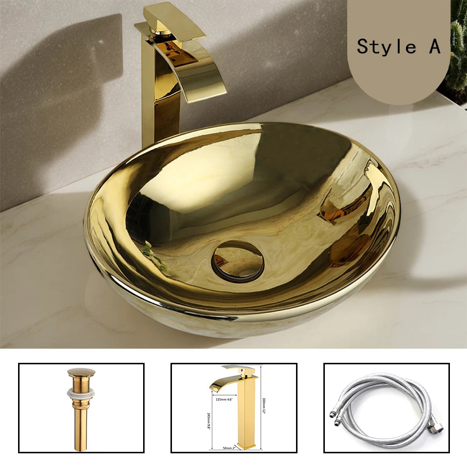 OUBONI Gold Ceramic Luxury Bathroom Vessel Sink Set  Bowl Washbasin Waterfall Brass Faucet Pop Up Drain Combo High-End Basin Kit