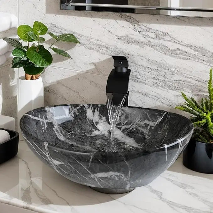 KEMAIDI Oval Vessel Sink with Faucet White Marbling Bathroom Vessel Sinks Above Counter  Ceramic Vessel Sinks for Bathroom Mixer
