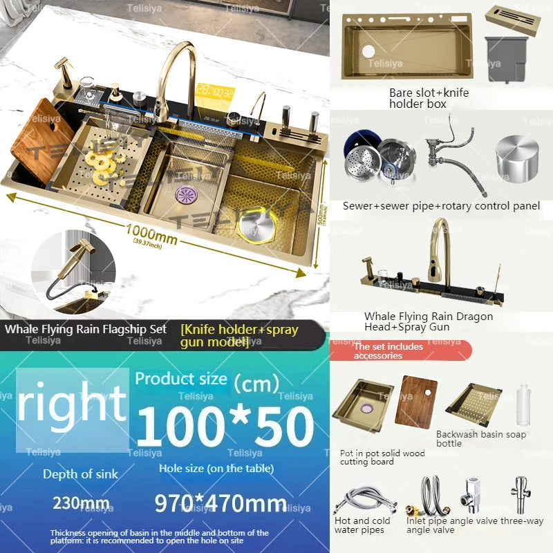 Telisiya Golden Stainless Steel Waterfall Kitchen Sink