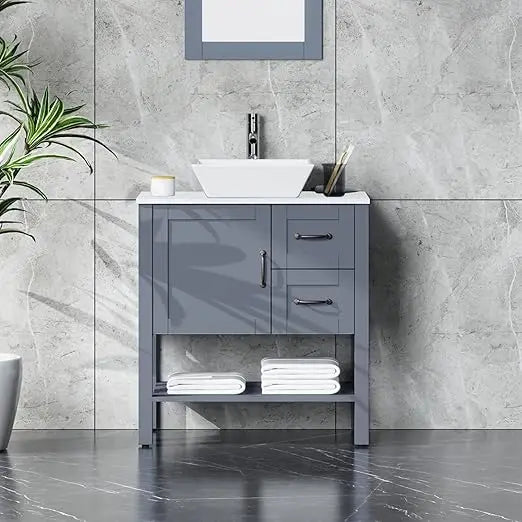 30" Gray Bathroom Vanity Sink Combo Modern Single Vessel Sink Bathroom Cabinet with 2 Drawer, Chrome Faucet, Drain, Mirror, Free