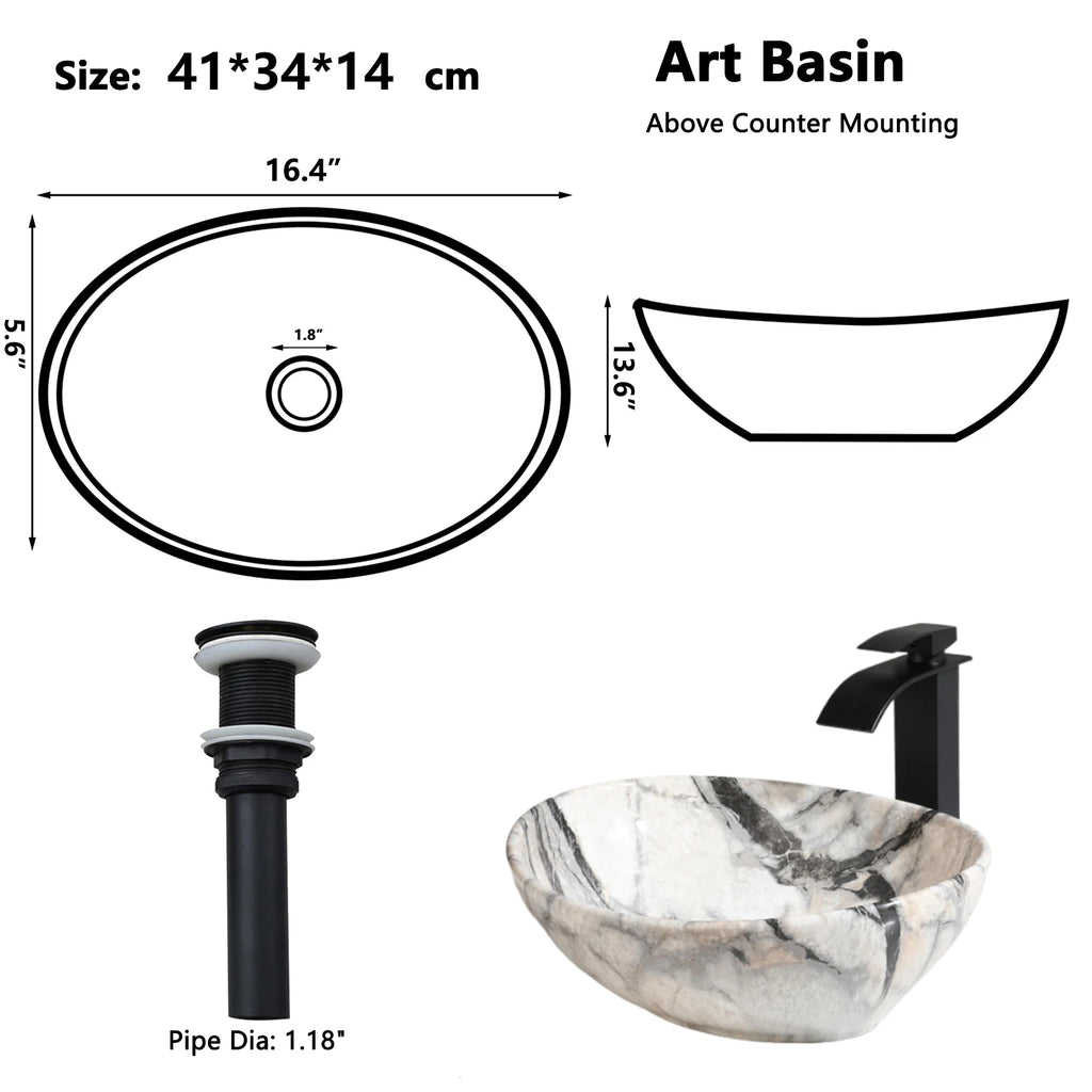 KEMAIDI Oval Vessel Sink Ceramic Bathroom Sink with Waterfall Faucet Bowl Sink White Black Marble Bathroom Sinks Above Counter
