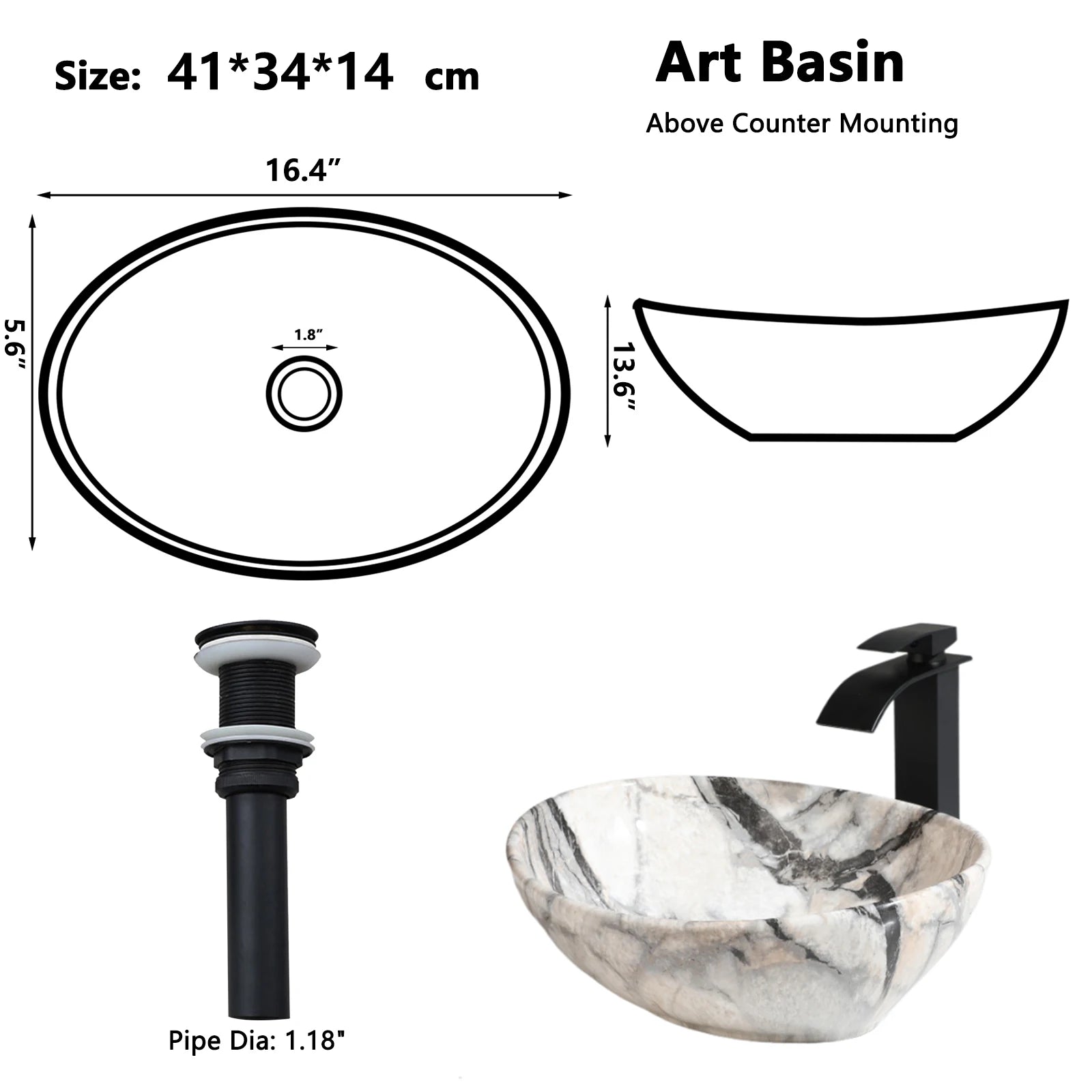 KEMAIDI Oval Vessel Sink Ceramic Bathroom Sink with Waterfall Faucet Bowl Sink White Black Marble Bathroom Sinks Above Counter