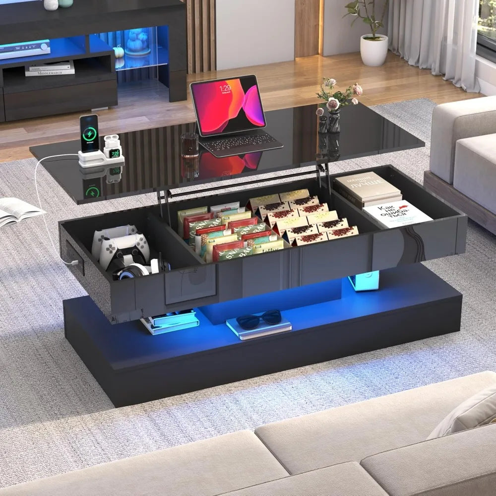 47.2" Large Lift Top Coffee Table,Modern High Glossy LED Coffee Tables for Living Room with Storage,Black Living Room Tables for
