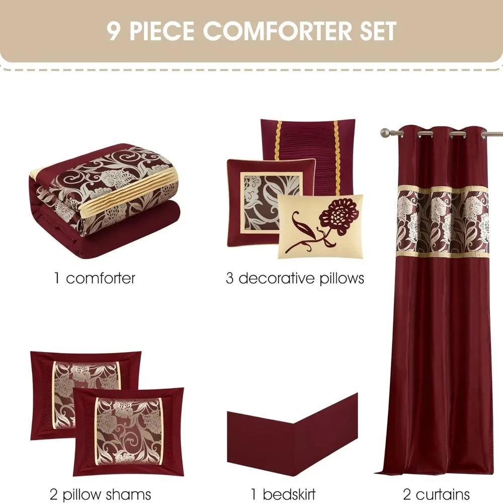 Red and Gold Comforter Set Queen Size, 9 Piece Jacquard Floral Bedding Set, All Season, Ultra-Soft, Matching Pillows & Shams, B
