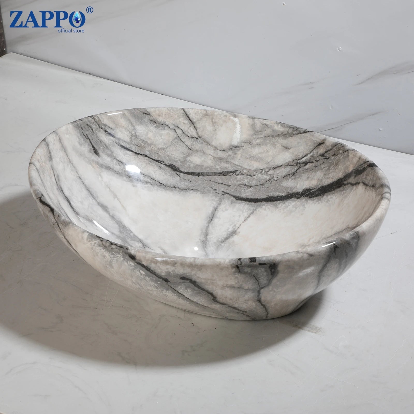 ZAPPO Marbling Rectangle Vessel Sink with Faucet Drain Ceramic Vessel Sinks Oval Bathroom Sink Bowl Above Counter with Mixer Tap