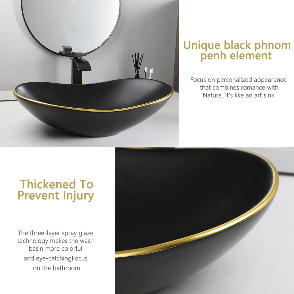 KEMAIDI Black Bathroom Sink with Gold Trim Oval Porcelain Vessel Sink with Faucet Drain Combo Above Counter Wash Basin Sink Bowl