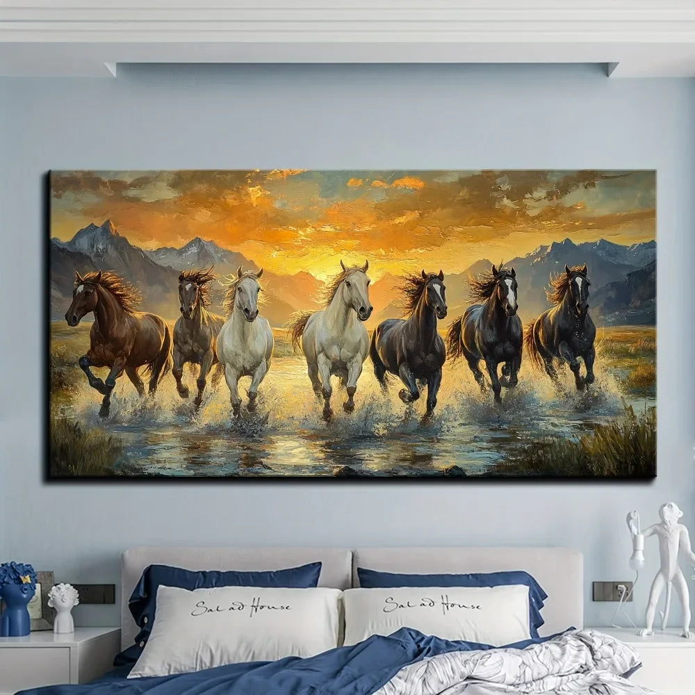 Elegant Feng Shui Seven Horse Canvas Wall Art Pine Frame