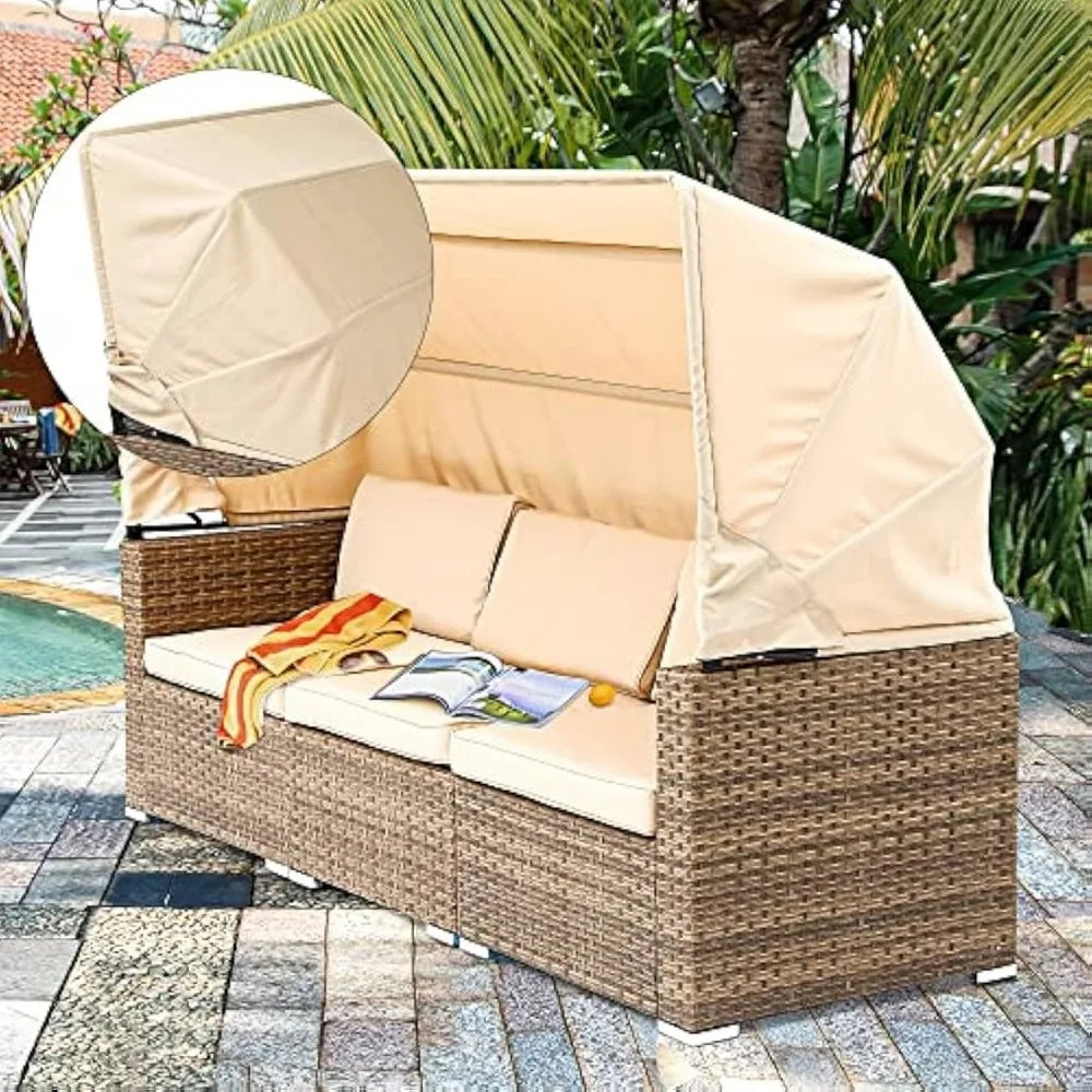 Filling Outdoor Wicker Daybed Set With Canopy And Cushions