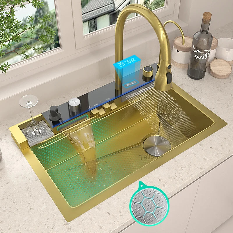 Telisiya Golden Stainless Steel Waterfall Kitchen Sink