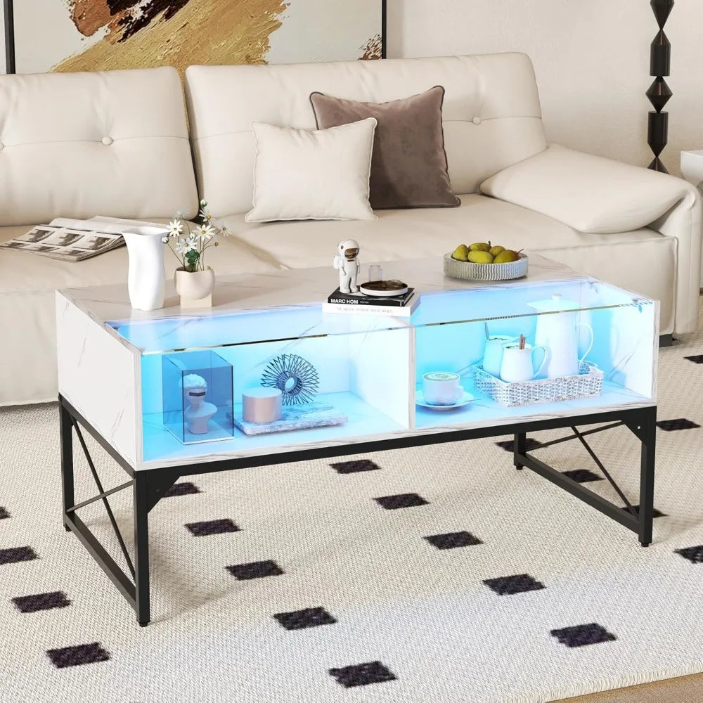 LED Coffee Table With Storage Cubes And Tempered Glass Top