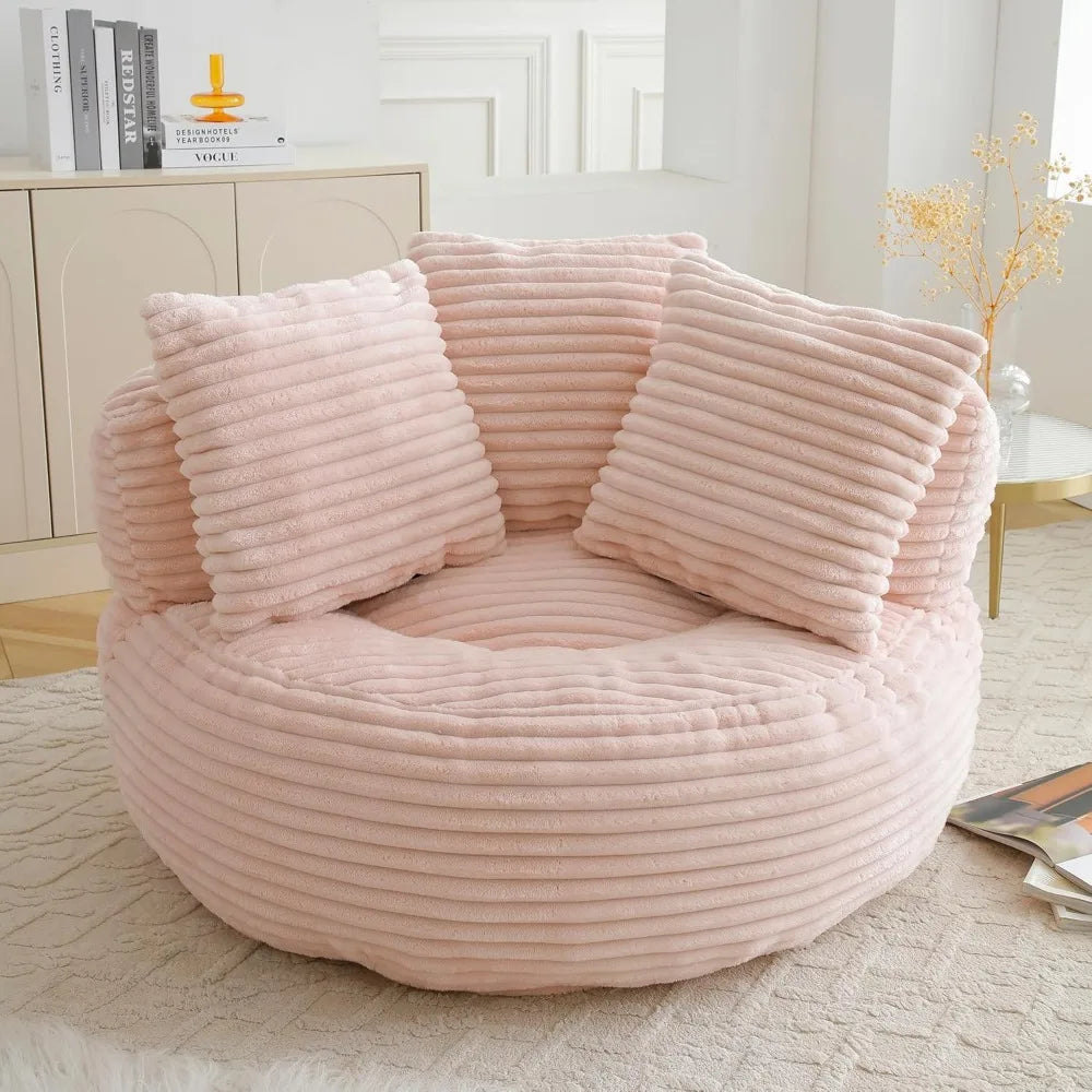 45 Oversized Bean Bag Chair Round with Armrests Corduroy Fabric 3 Pillows Comfy Lazy Sofa for Adults Living Room Bedroom Pink