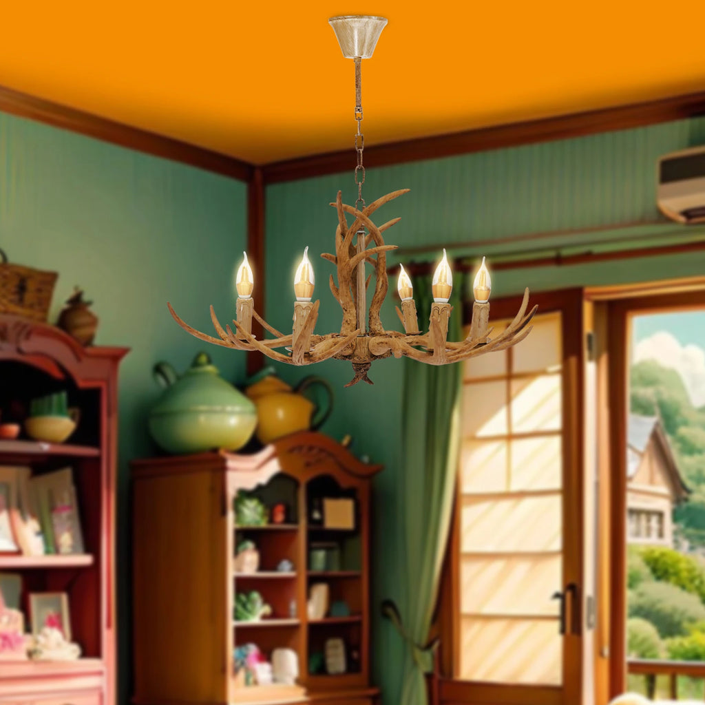Retro Antler Chandelier Light Deer Horn Pendant Lamp For Restaurant