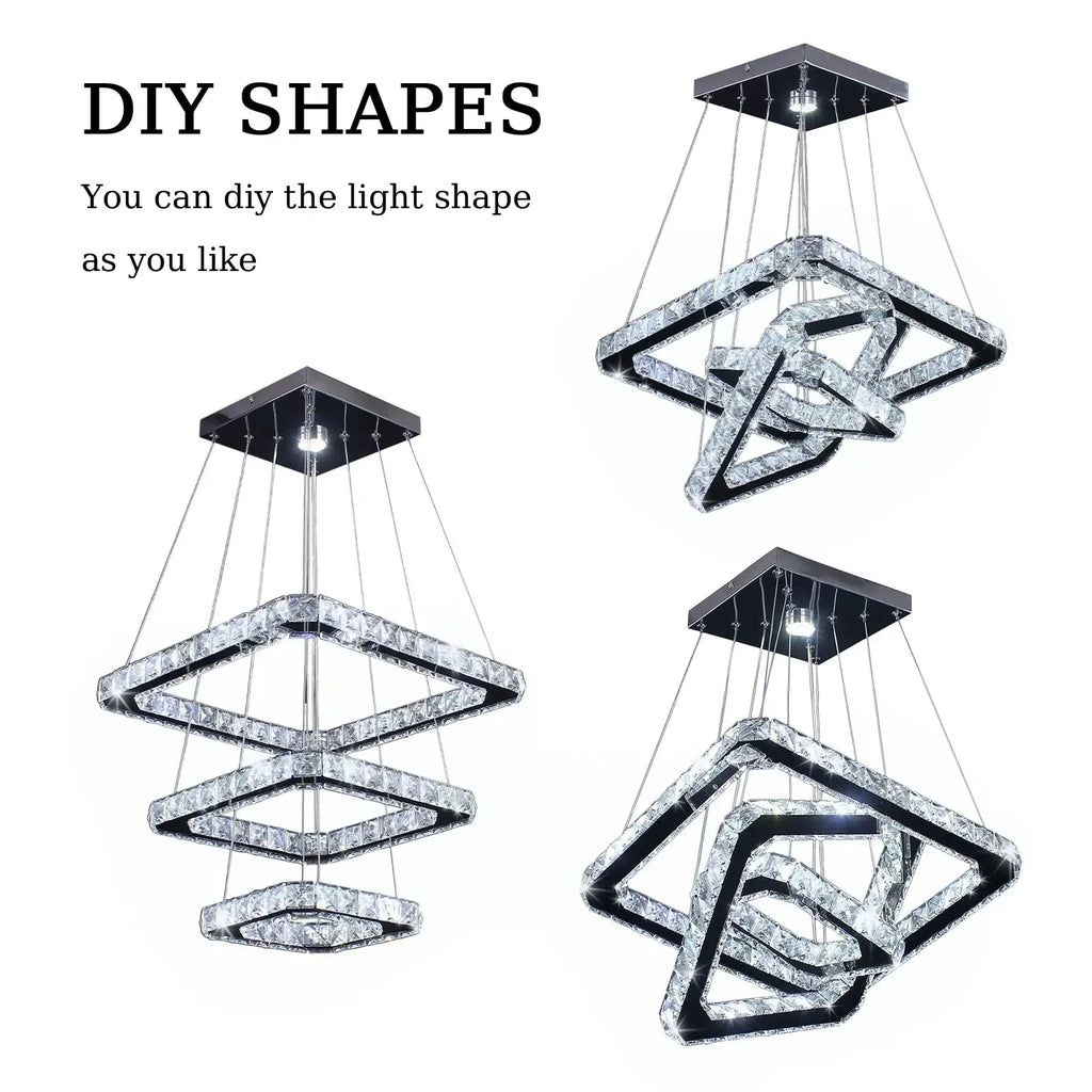 Finktonglan Three Square Rings LED Crystal Pendant Light Dimmable Chandelier