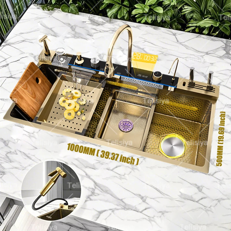 Telisiya Golden Stainless Steel Waterfall Kitchen Sink