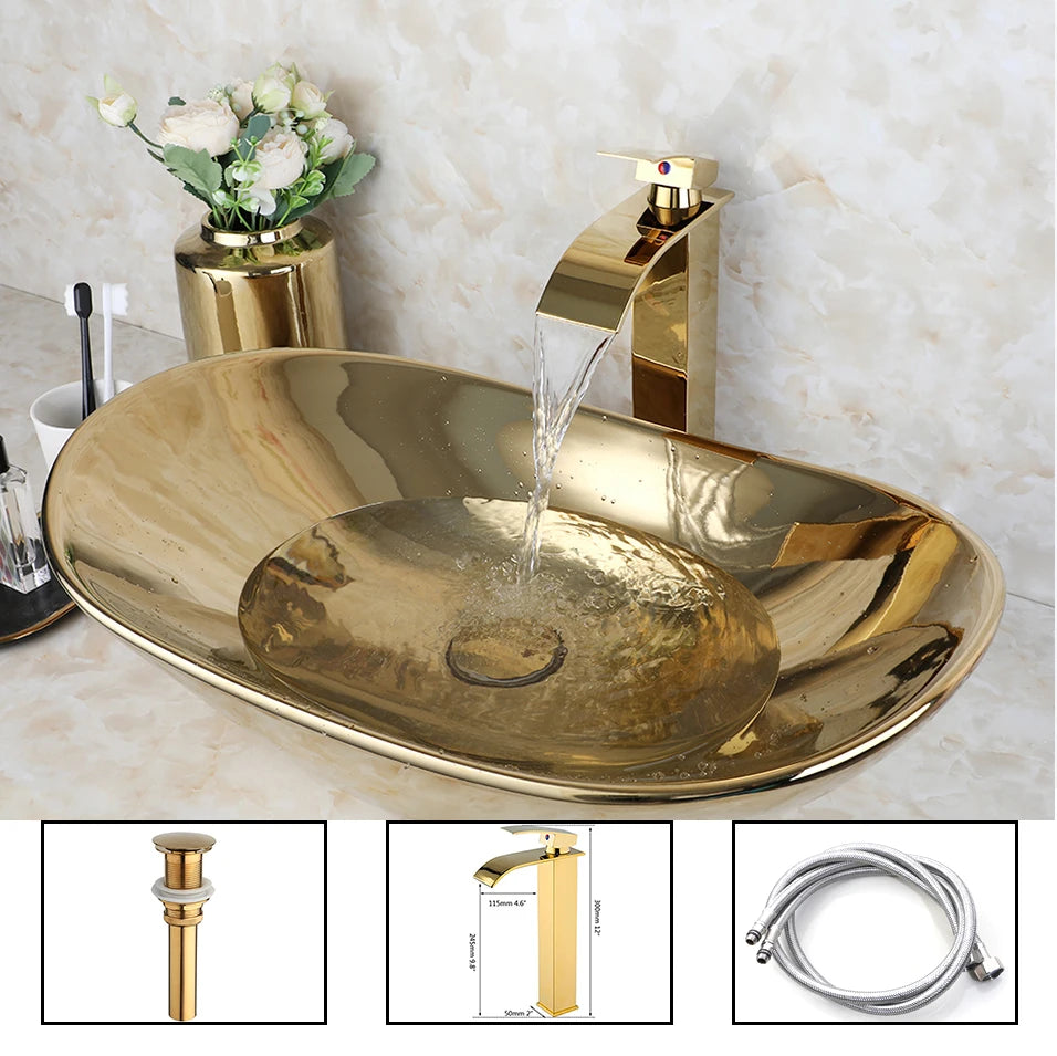 OUBONI Gold Ceramic Luxury Bathroom Vessel Sink Set  Bowl Washbasin Waterfall Brass Faucet Pop Up Drain Combo High-End Basin Kit