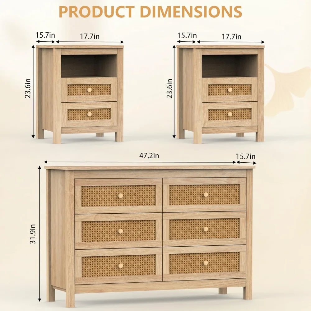 MKDK Boho 6 Drawer Dresser And 2 Nightstands Set Storage