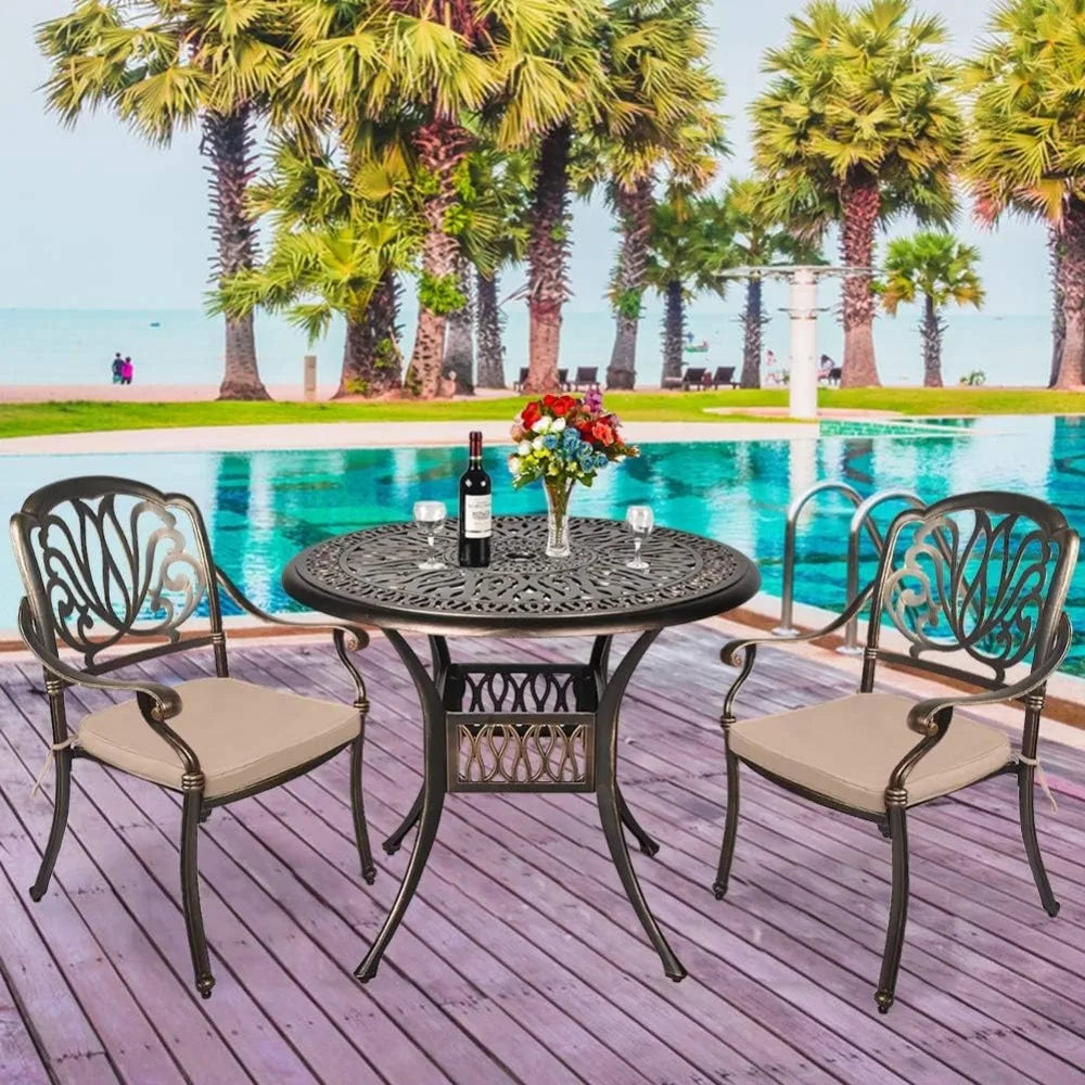 DAFIFY 3 Piece All Weather Outdoor Cast Aluminum Patio Dining Set With Round Table And Chairs