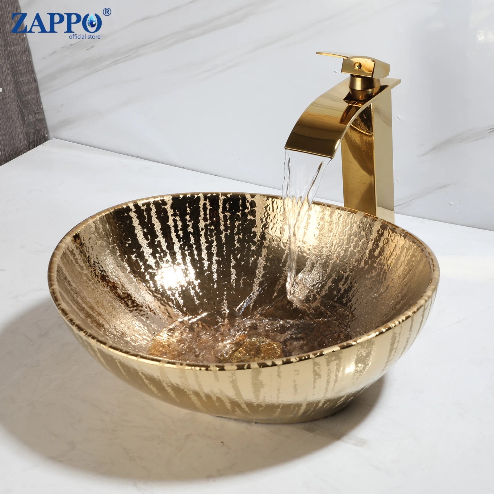 ZAPPO Marbling Rectangle Vessel Sink with Faucet Drain Ceramic Vessel Sinks Oval Bathroom Sink Bowl Above Counter with Mixer Tap