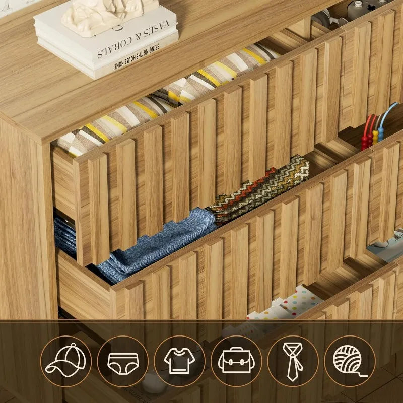 Fluted 6 Drawer Dresser with Metal Stand, Mid Century Modern Dresser,Wood Dresser for Bedroom,Accent Chest of Drawers for Be