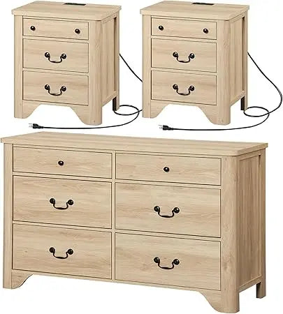 MKDK Farmhouse Dresser And Nightstand Set 3 Piece Bedroom Storage
