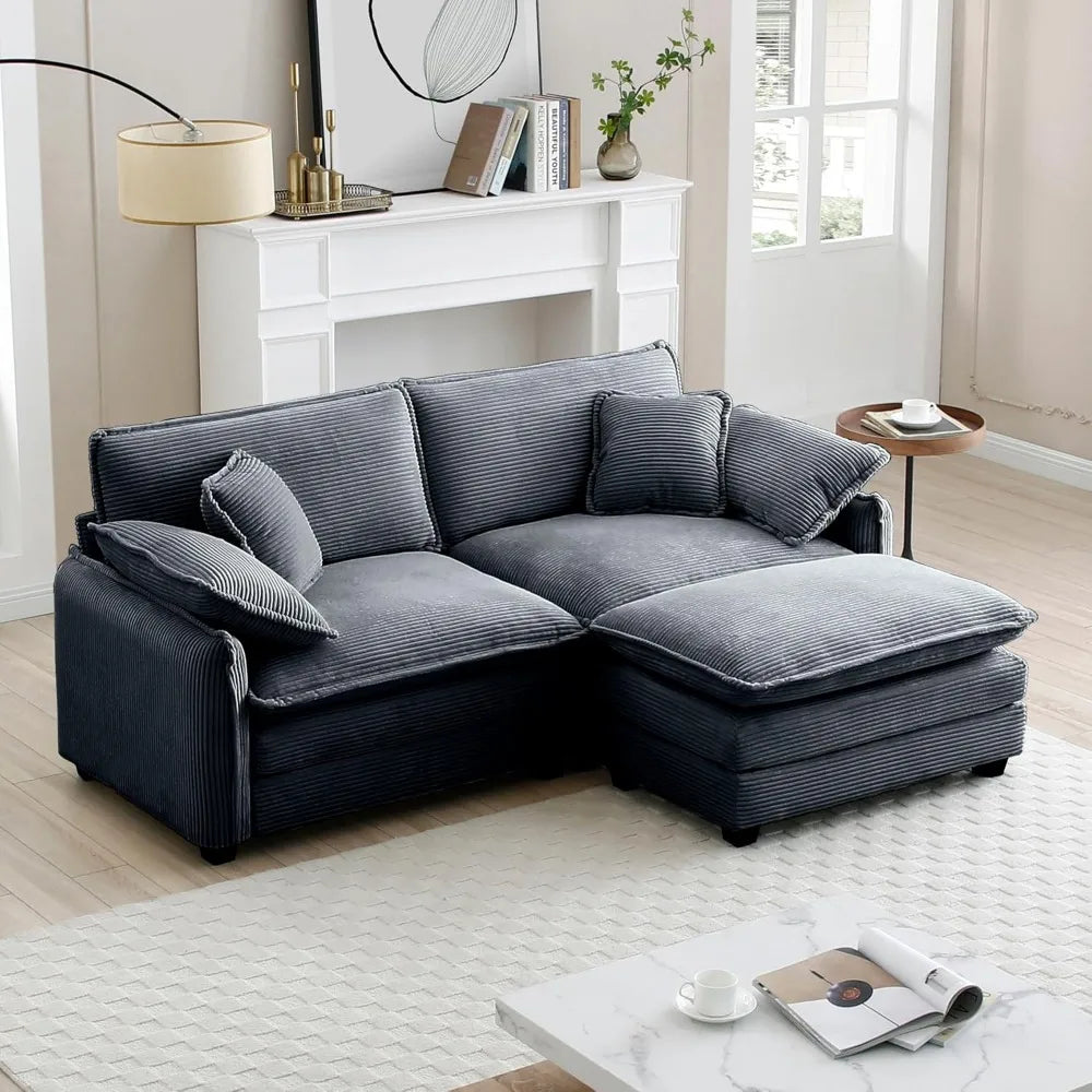 Modern Modular Sectional Sofa Corduroy Loveseat Sofa with Movable Ottoman,81” Comfy Cloud Deep Seat L-Shaped Couches with