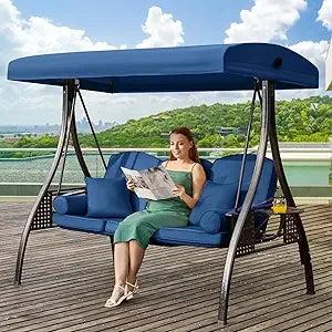 Steel Outdoor Three Seat Porch Swing With Adjustable Canopy