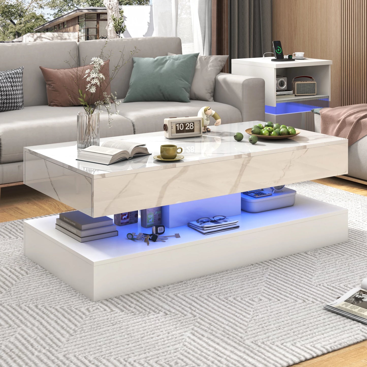 QiaoShiRen Modern Coffee Table With LED Lights Double Layer Storage Drawers