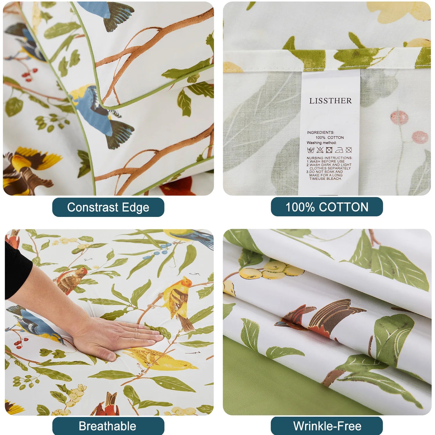 LISSTHERCN 3Pc Egyptian Cotton Duvet Cover Set Bird Floral