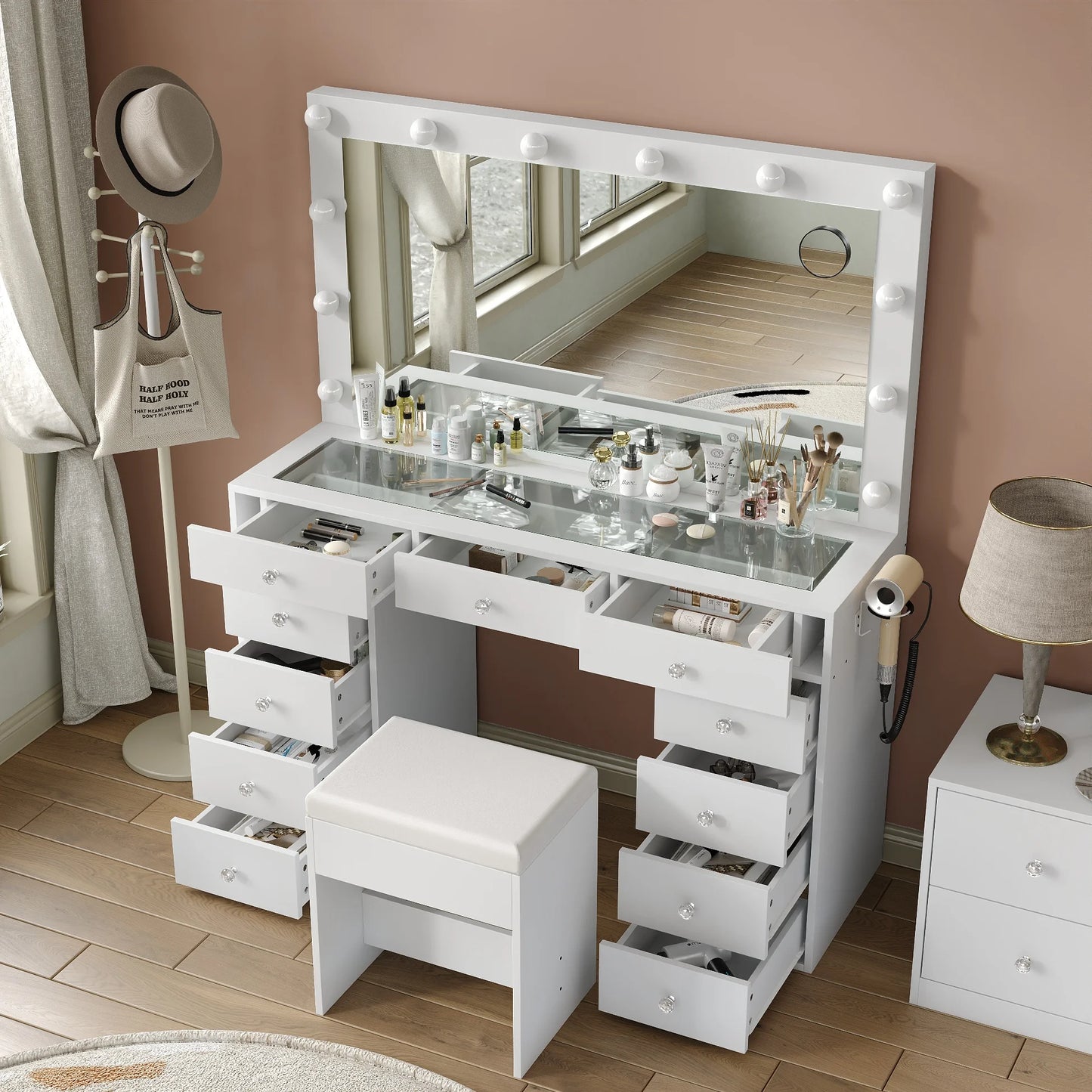 General Use Bedroom Vanity Desk With LED Mirror Drawers