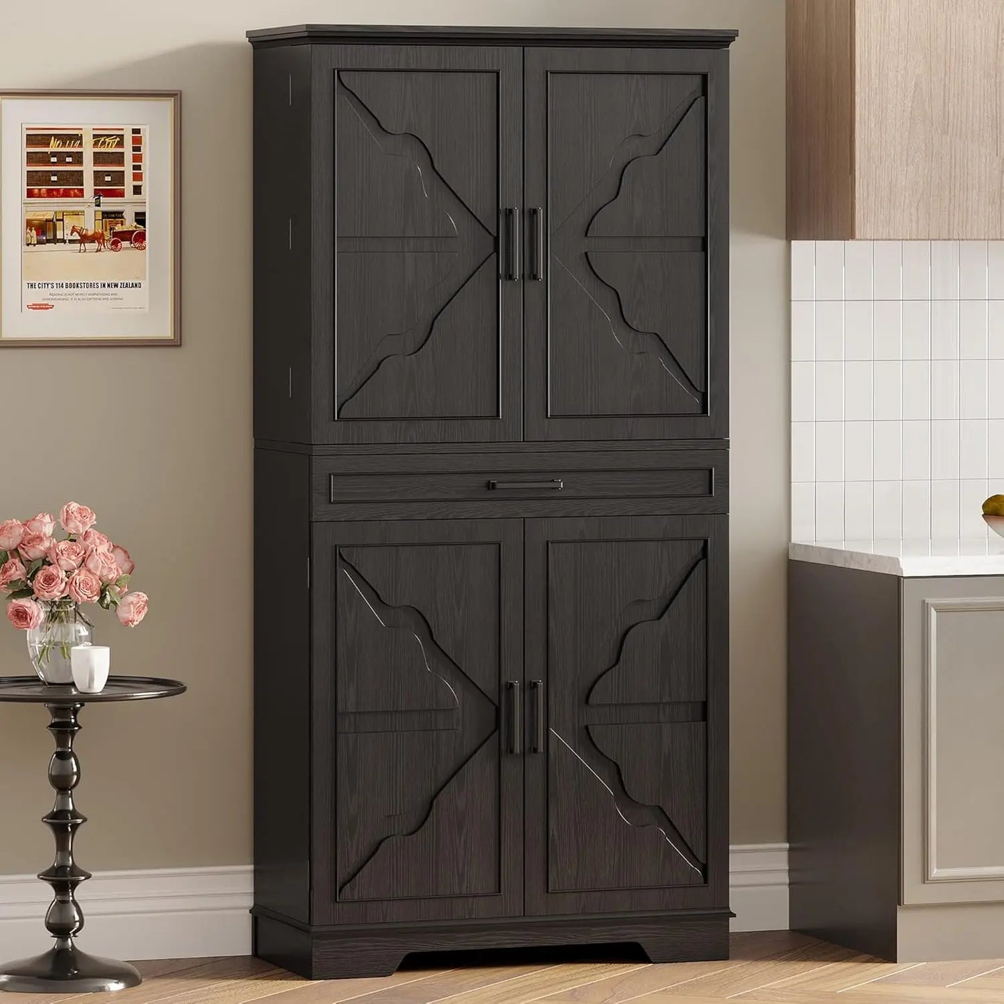 Farmhouse Kitchen Pantry Cabinet, 72" Height Tall Freestanding Cupboard with Sliding Storage Rack and 6 Hanging Shelves·Hot Sale