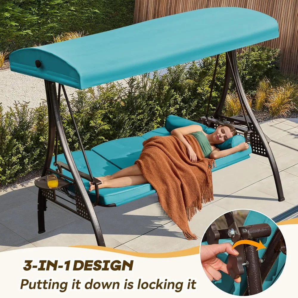 Steel Outdoor Three Seat Porch Swing With Adjustable Canopy