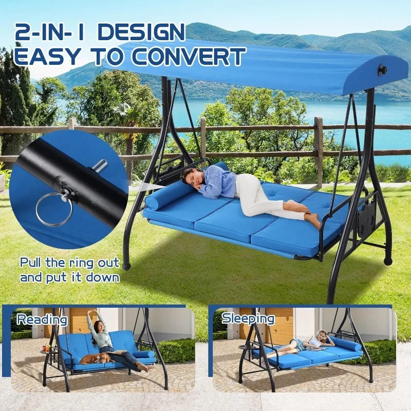 3 Seat Outdoor Porch Swing With Adjustable Canopy And Cushions
