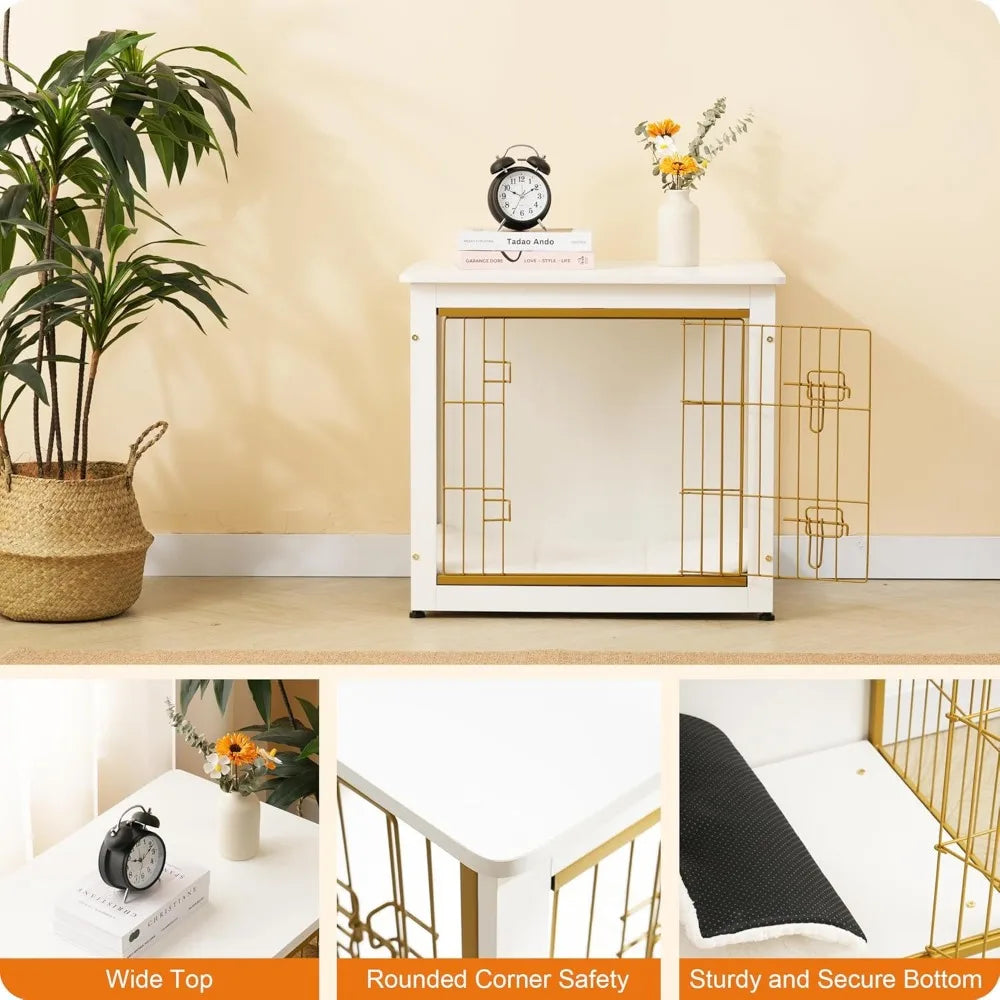 Wooden Dog Crate Furniture With Cushion, Double Doors Kennel Table