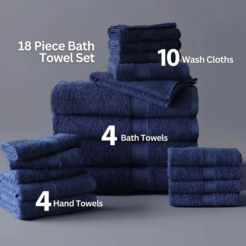 18-Piece 100% Cotton Towel Set, 4 Bath Towels, 4 Hand Towels, and 10 Face Towels, Soft and Super Absorbent