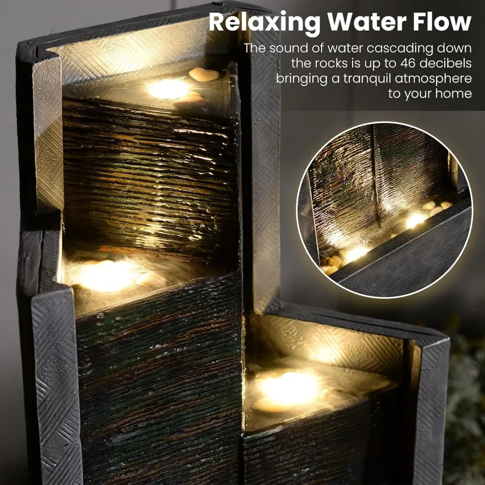 Garden Water Fountain Outdoor Modern Cascading Floor Standing With Lights