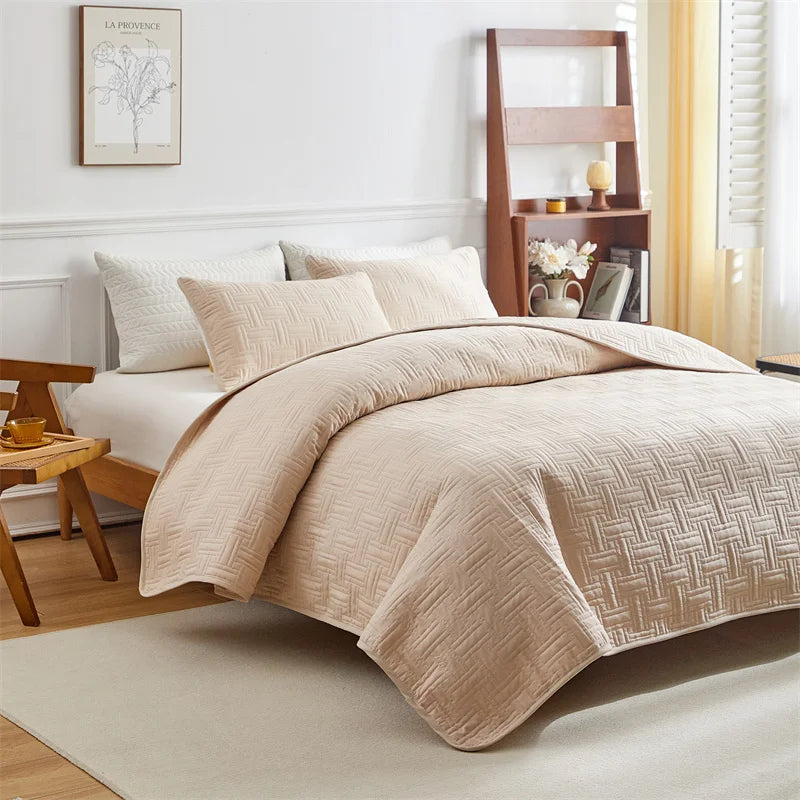 EGWCN Patchwork Bedspread Set Wheat Stripe Pattern 3Pcs Pillowcases