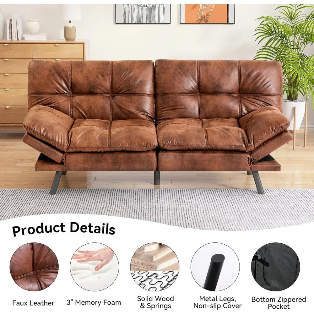 Faux Leather Futon Sofa Bed Convertible Couch Memory Foam Sleeper