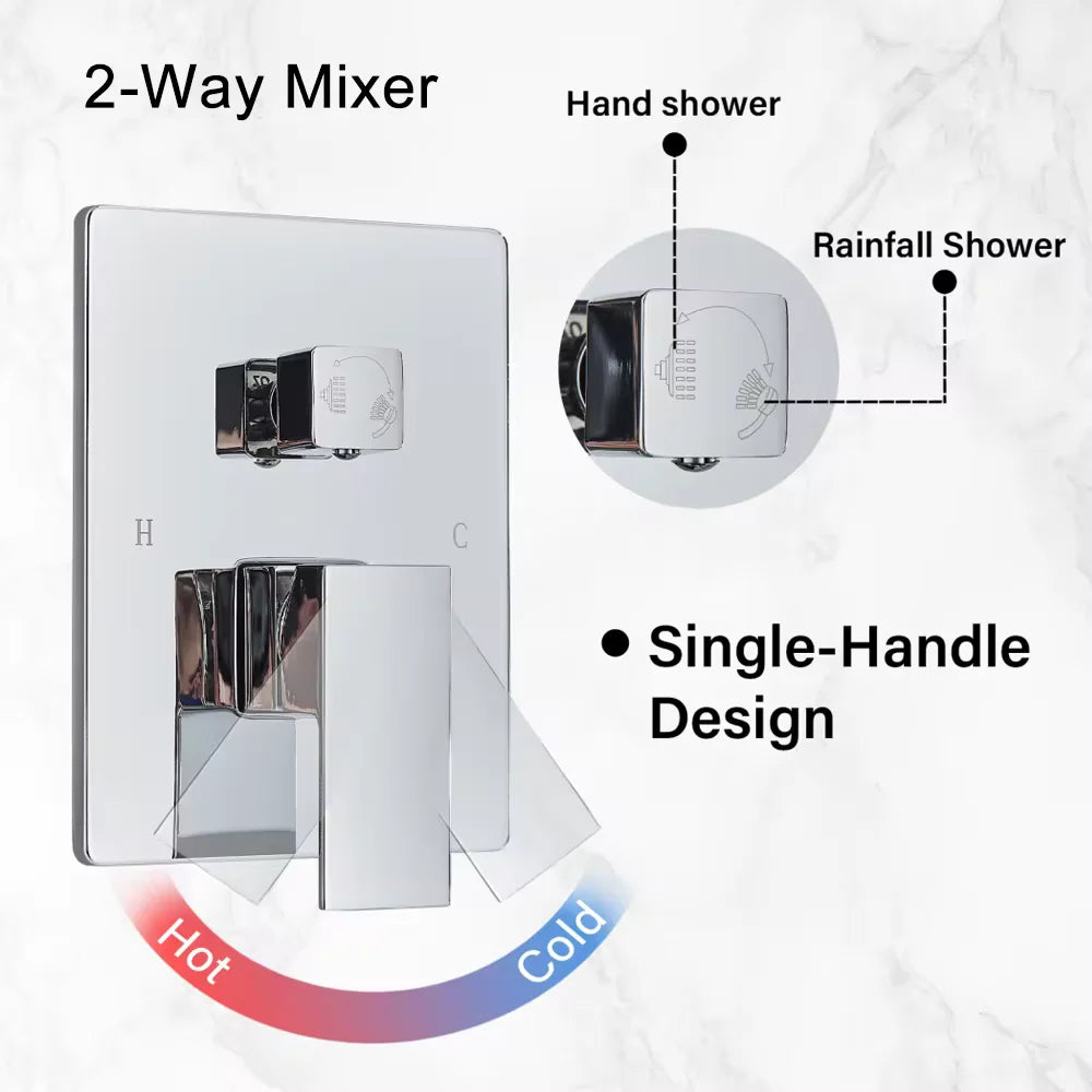 Rozin Chrome Rainfall Shower Faucet Set Wall Mounted Dual-Control