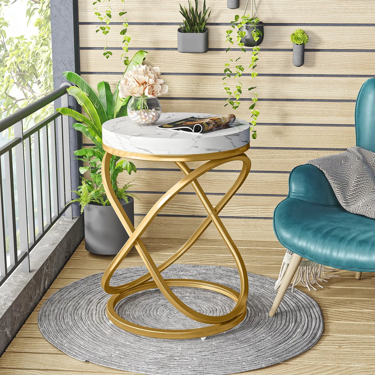 Tribesigns 26 Inches White and Gold Faux Marble Top End Tables Living Room, Round Nightstands Sofa Side Table with X-Shaped