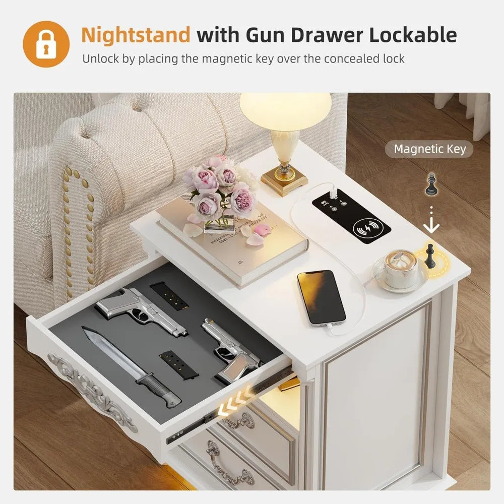 RBXC Farmhouse Nightstand With Gun Drawer LED Lighting And Charging Station