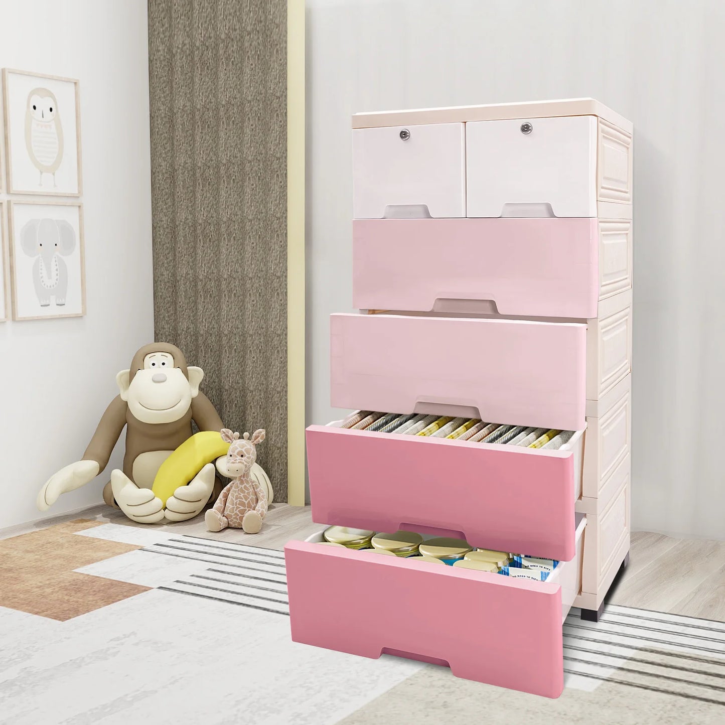 Gradient Pink Plastic Storage Cabinet W/ 6 Drawers - Dresser Organizer for Closet, Bedroom & Office - Modern PP Drawers Dresser