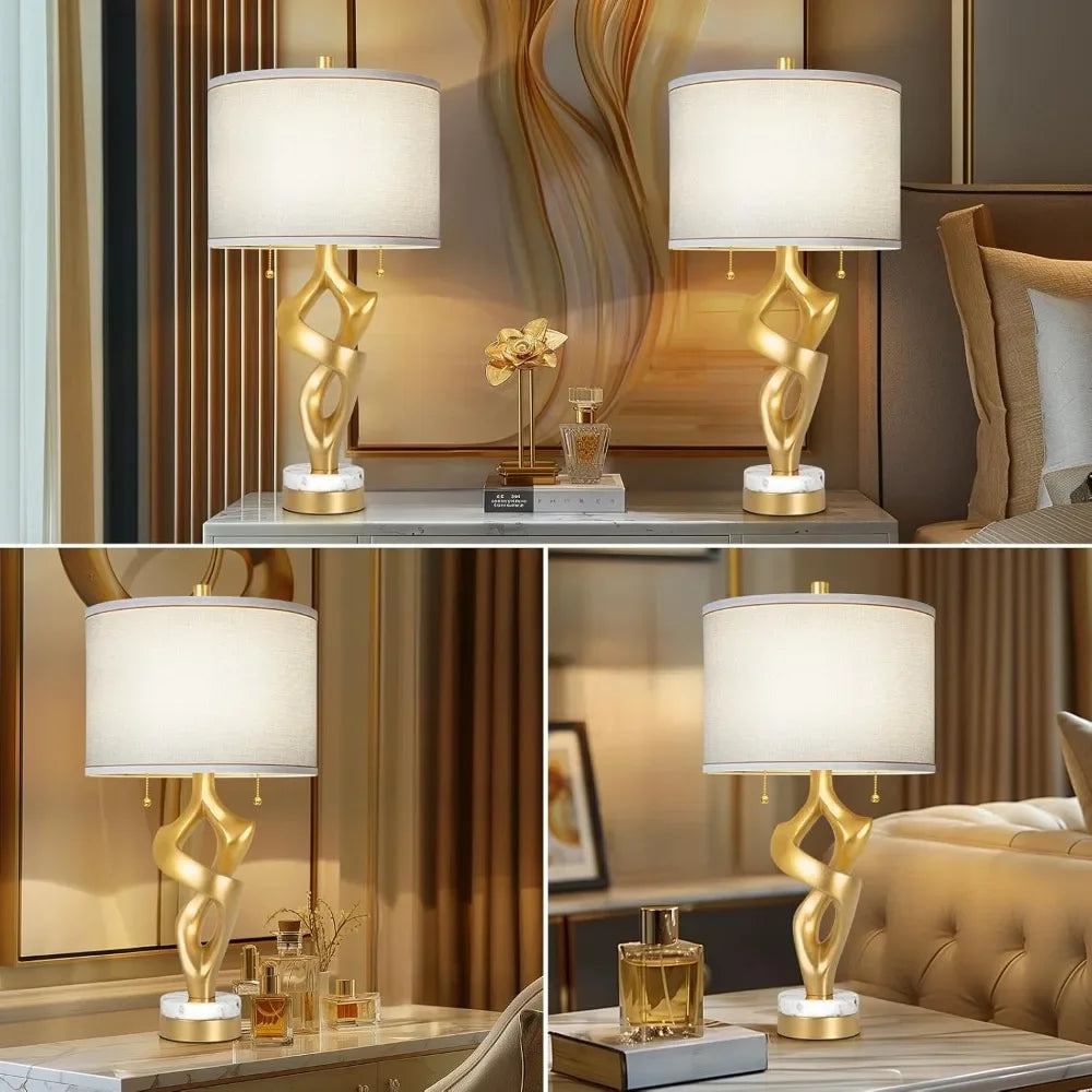 Customizable-Scenekoy Sculptural Table Lamp Set Of 2 For Living Room With Marble Base & USB Ports, Gold Leaf Finish Rustic Bedsi