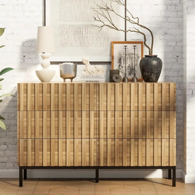 Fluted 6 Drawer Dresser with Metal Stand, Mid Century Modern Dresser,Wood Dresser for Bedroom,Accent Chest of Drawers for Be