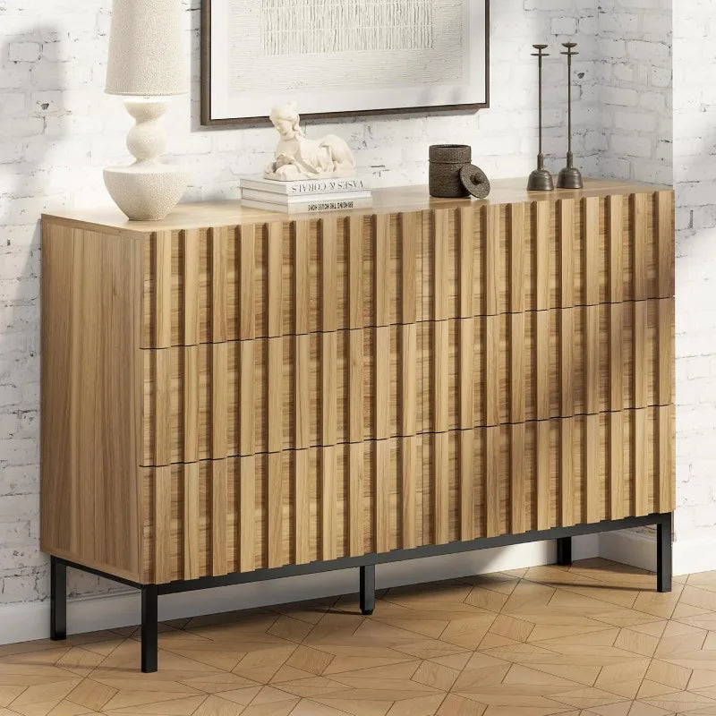 Fluted 6 Drawer Dresser with Metal Stand, Mid Century Modern Dresser,Wood Dresser for Bedroom,Accent Chest of Drawers for Be