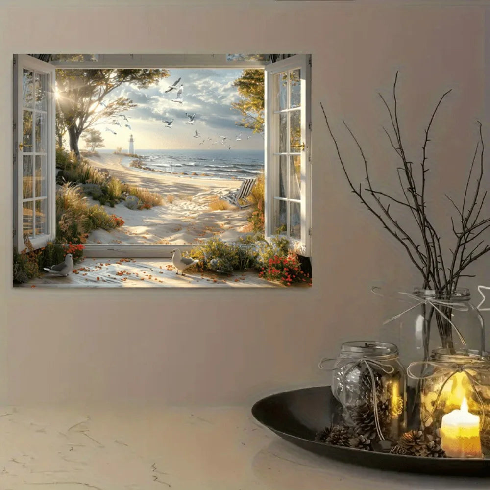 Coastal Lighthouse Seascape Canvas Art In Pine Wood Frame