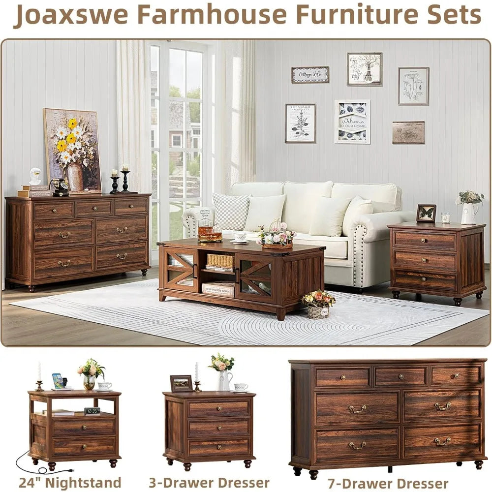 MKDK Farmhouse Dresser And Nightstands Set 3-Piece With Storage