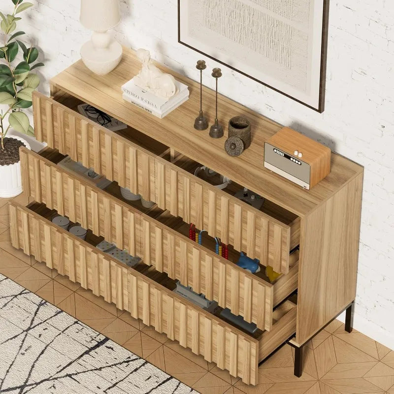 Fluted 6 Drawer Dresser with Metal Stand, Mid Century Modern Dresser,Wood Dresser for Bedroom,Accent Chest of Drawers for Be